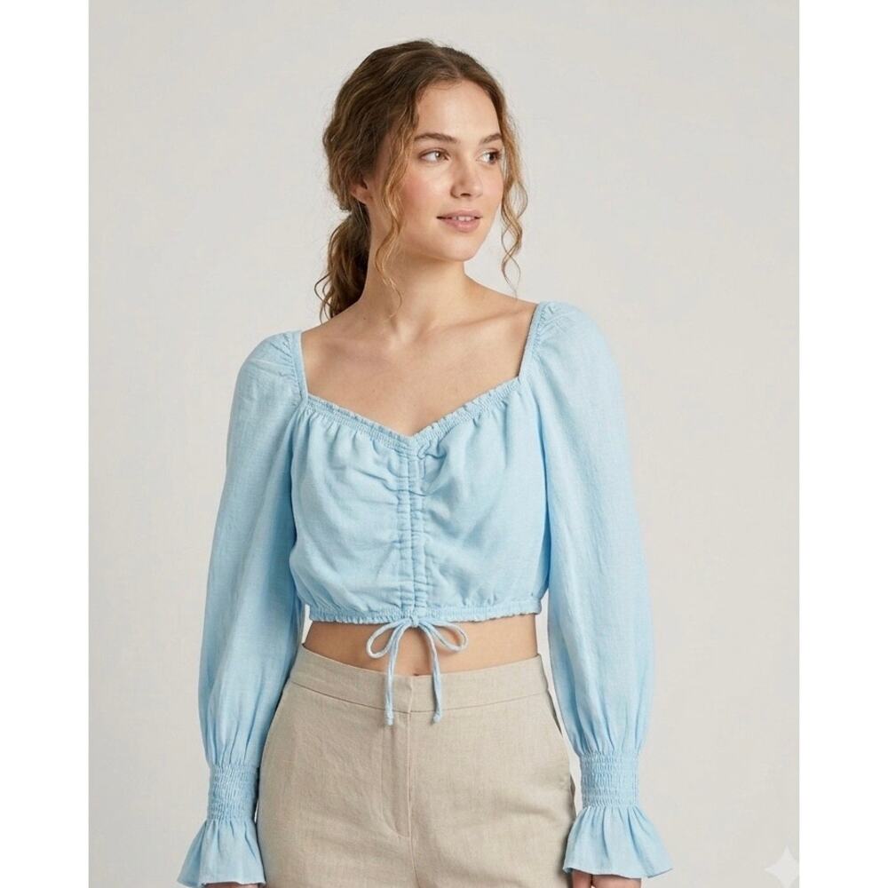 NWT‎ BLANCO Light Blue Cotton Smocked Crop Top L Ruched Cottagecore Long Sleeve
